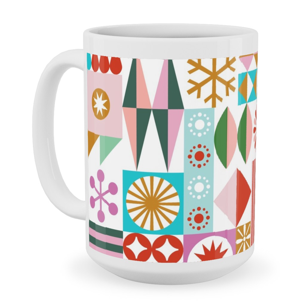 Santa's Workshop Geometric Stars Snowflakes Grid Holiday Stripes - Multi Ceramic Mug, White, , 15oz, Multicolor