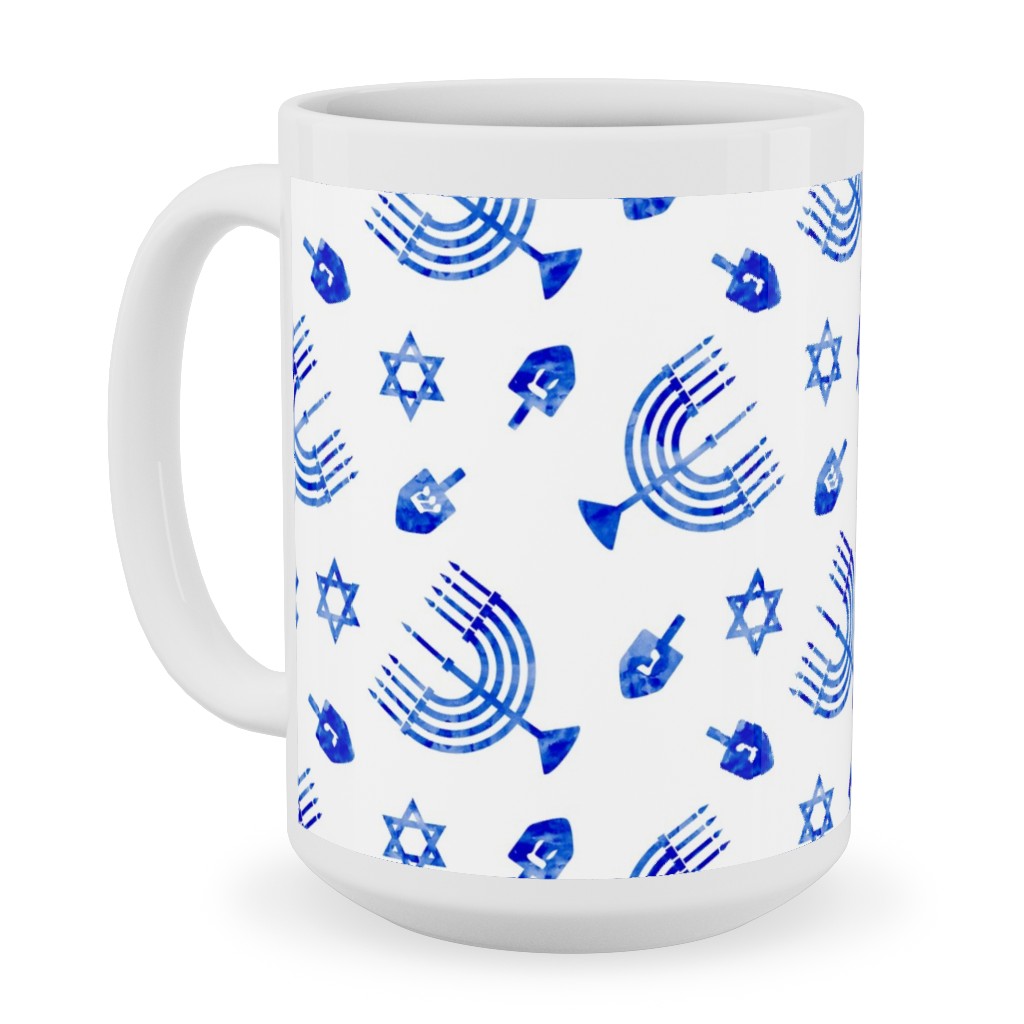 Hanukkah Watercolor Menorah, Dreidel, Star of David - Blue Ceramic Mug, White, , 15oz, Blue, True Blue