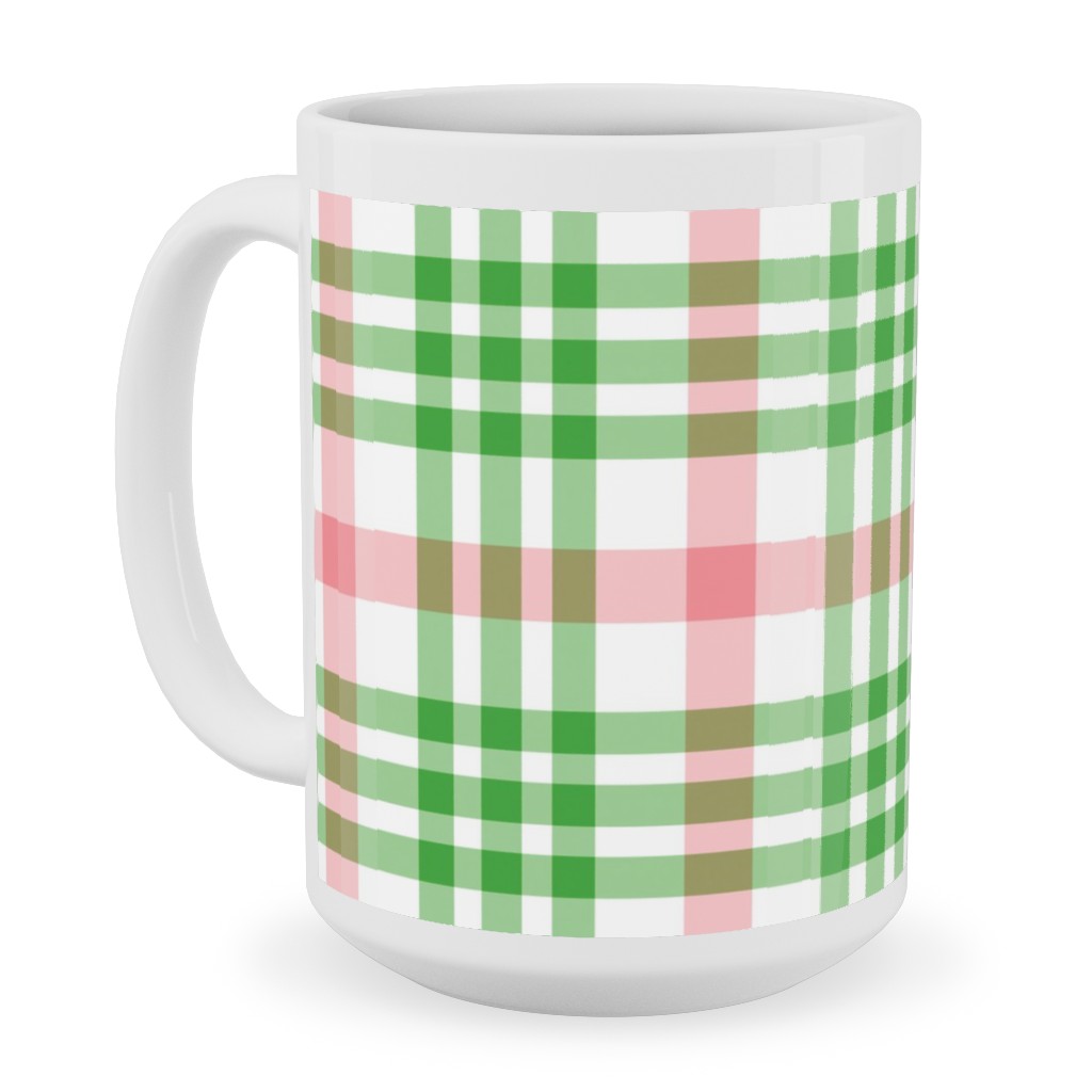 Pink, Green, and White Plaid Ceramic Mug, White, , 15oz, Green, Classic Green