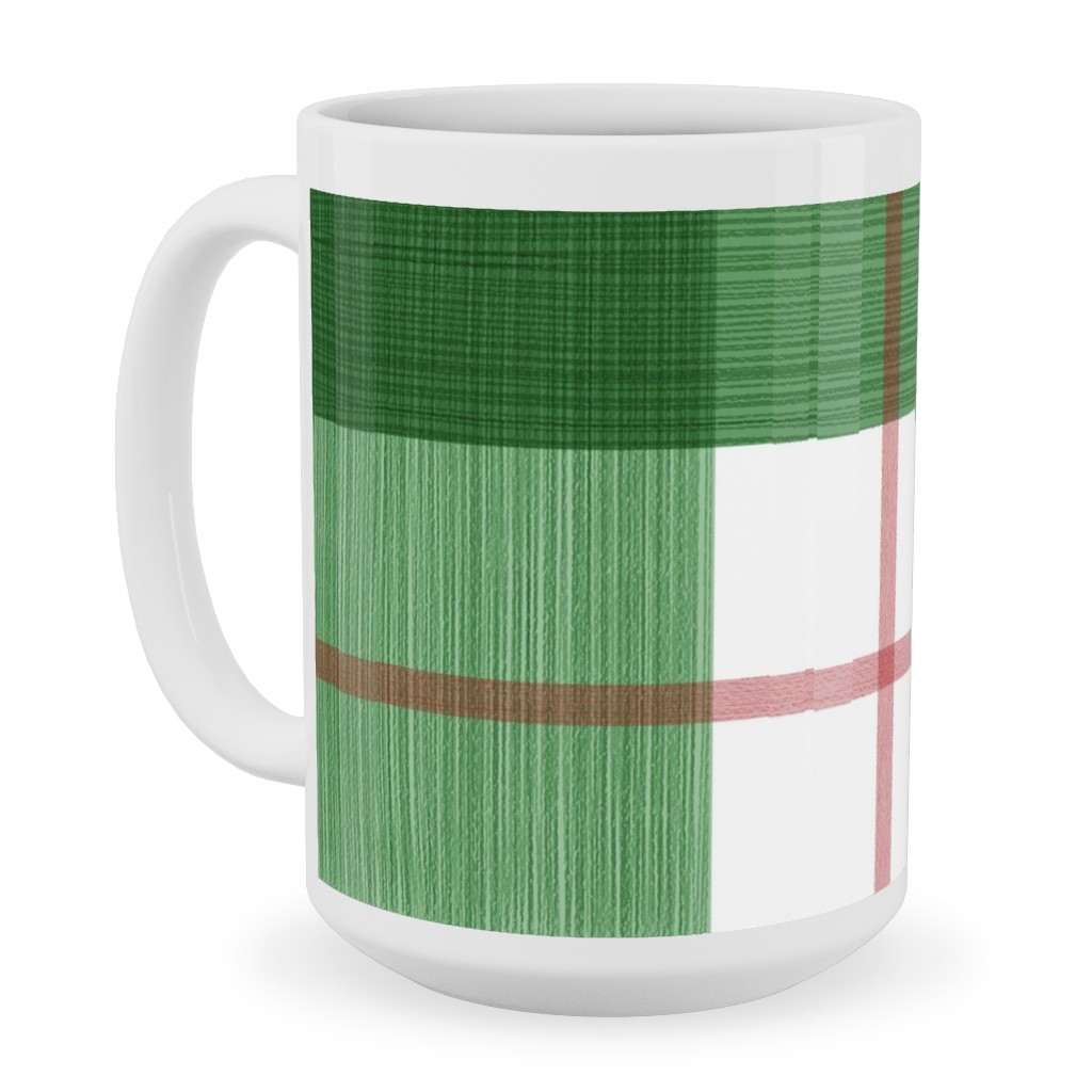 Double Plaid Ceramic Mug, White,  , 15oz, Green