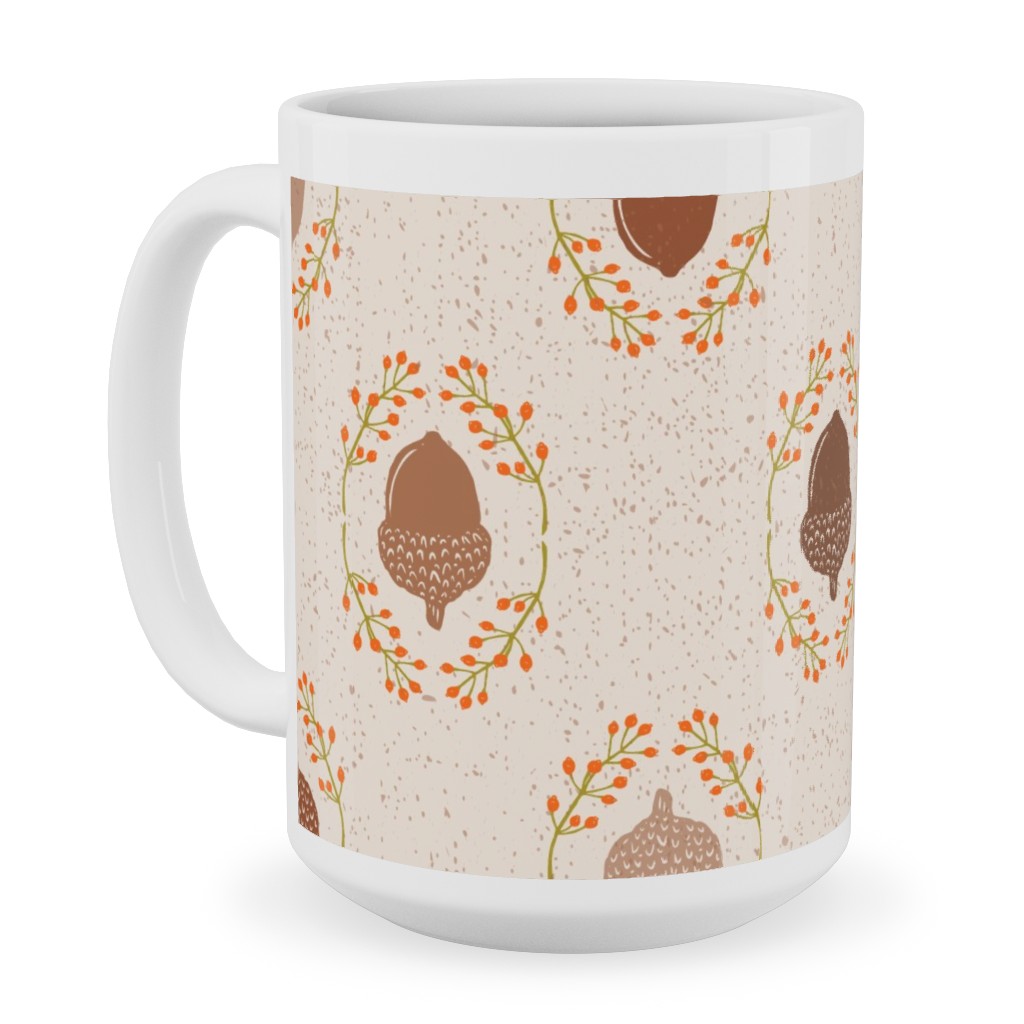 Autumn Acorn Rosehip Textured Damask Ceramic Mug, White, , 15oz, Beige, Sand