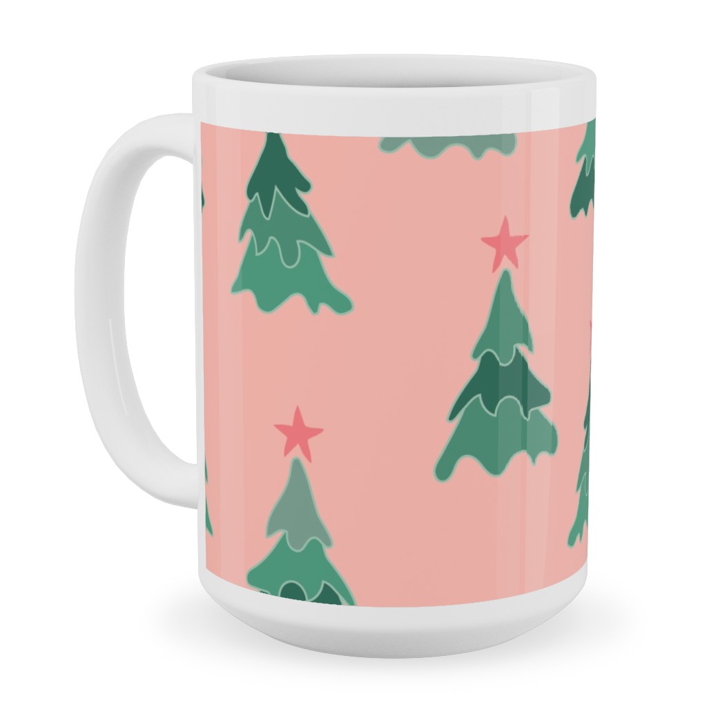 Modern Christmas Trees Ceramic Mug, White, , 15oz, Pink, Bright Pink