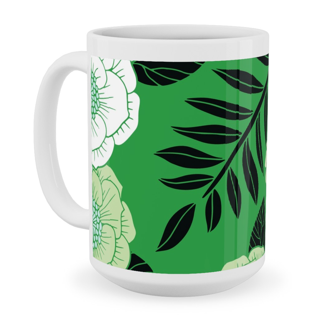 Green, Black & White Floral Pattern Ceramic Mug, White, , 15oz, Green, Classic Green