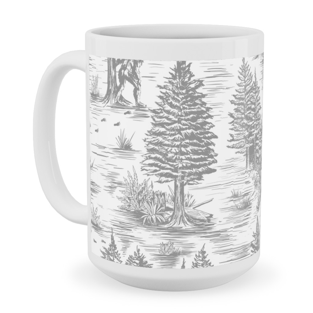Bigfoot Sasquatch Toile De Jouy Ceramic Mug, White, , 15oz, Gray, Fog