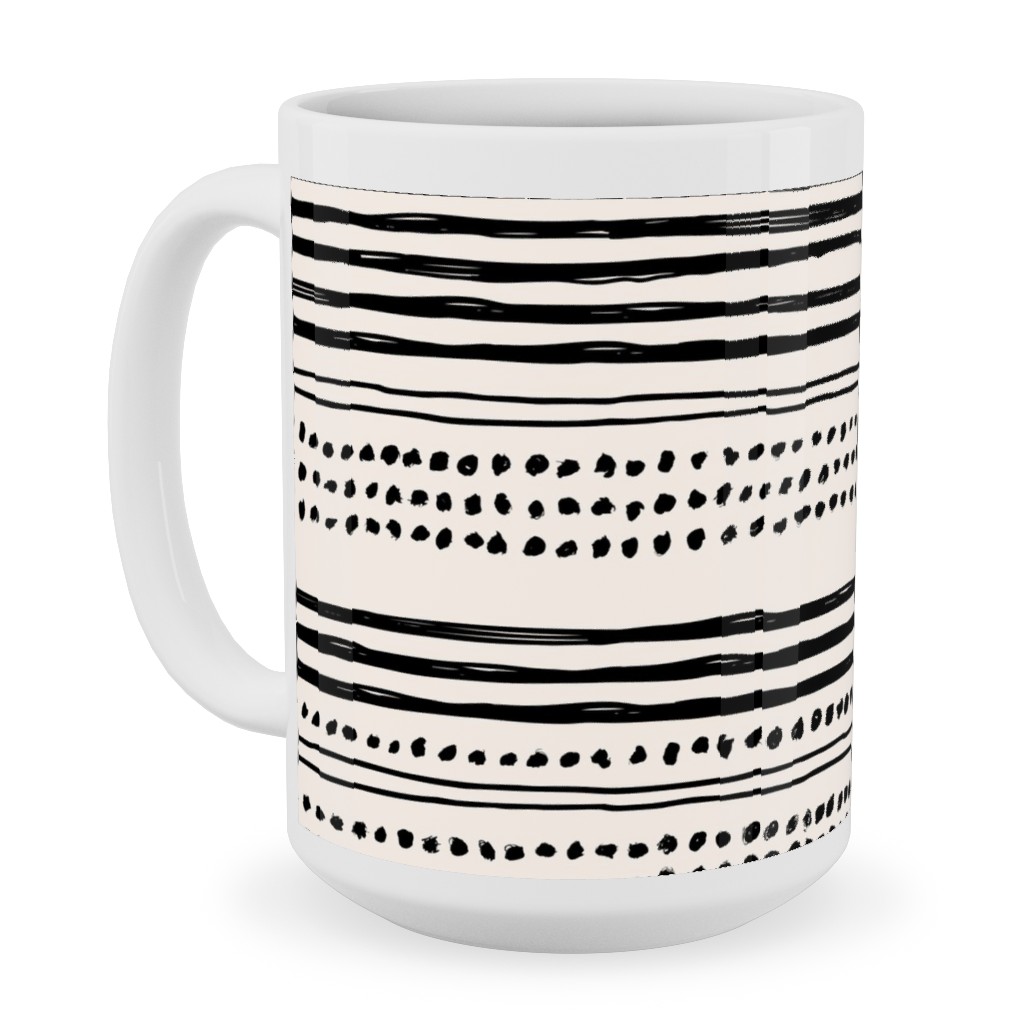Minimal Mudcloth Ceramic Mug, White, , 15oz, Beige, Charcoal