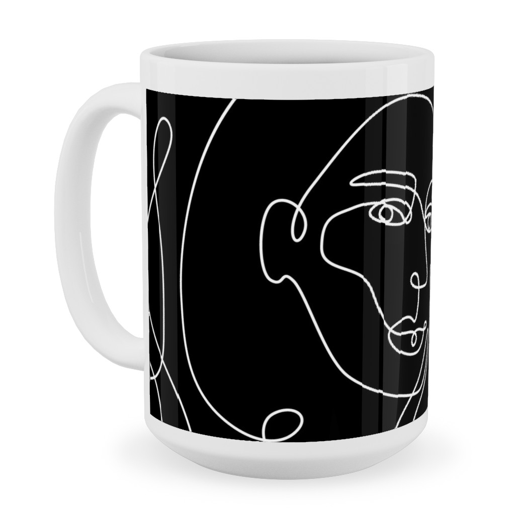Hand Drawn Women Ceramic Mug, White,  , 15oz, Black