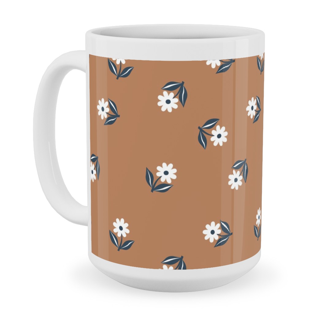 Romantic Boho Daisy Flowers - Scandinavian Print - Caramel Brown Blue Ceramic Mug, White, , 15oz, Orange, Orange