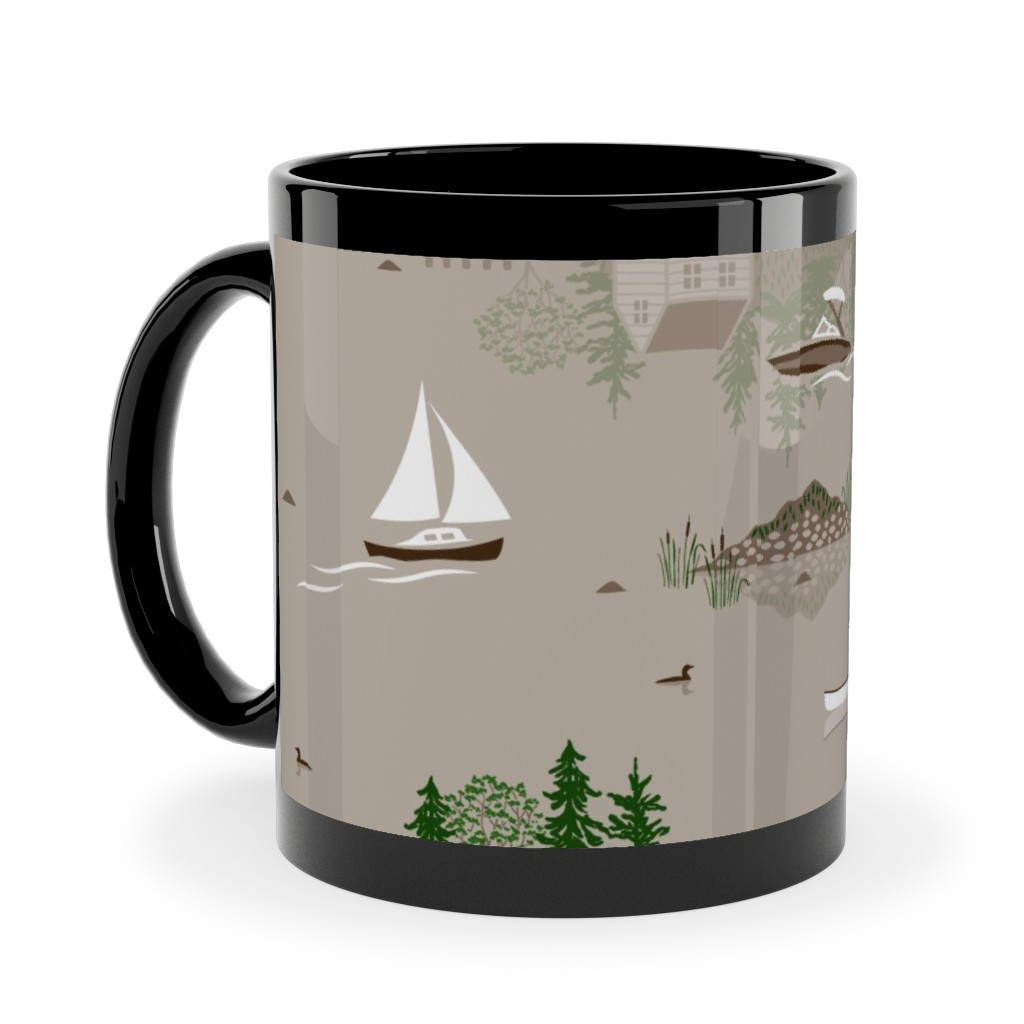 Boating on the Lake - Beige Ceramic Mug, Black,  , 11oz, Beige