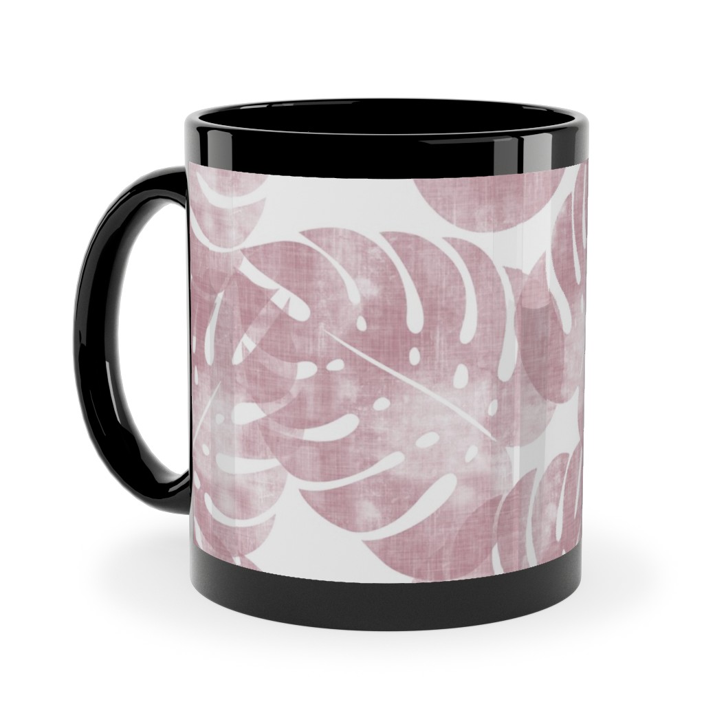 Monstera Leaves - Mauve Ceramic Mug, Black, , 11oz, Pink, Bright Pink