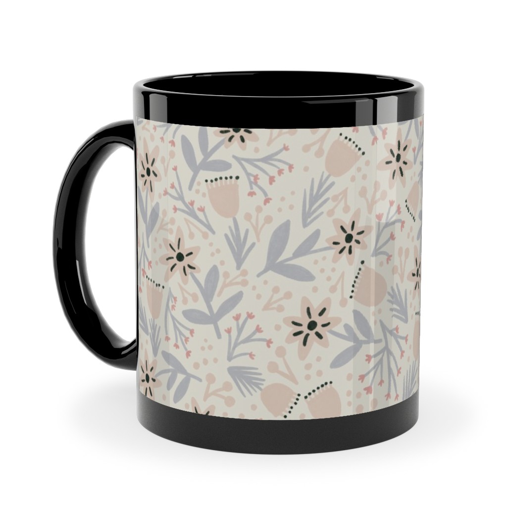 Vintage Flowers - Pastel Pink Ceramic Mug, Black,  , 11oz, Beige