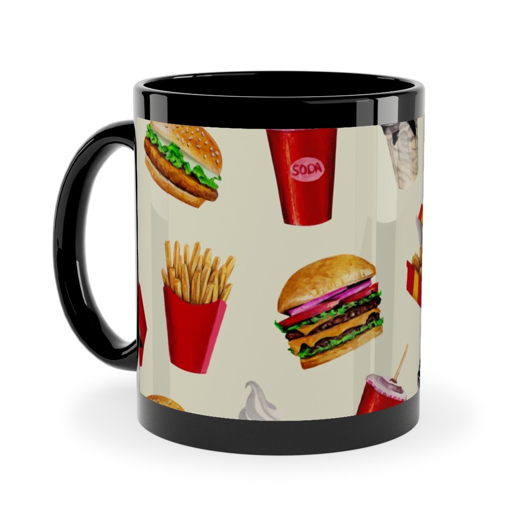 Fast Food Burgers Fries and Sundaes - Multicolor Ceramic Mug, Black,  , 11oz, Multicolor