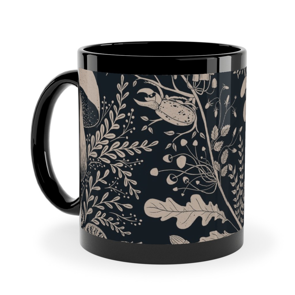Mushroom Forest Damask - Dark Ceramic Mug, Black, , 11oz, Black, Black