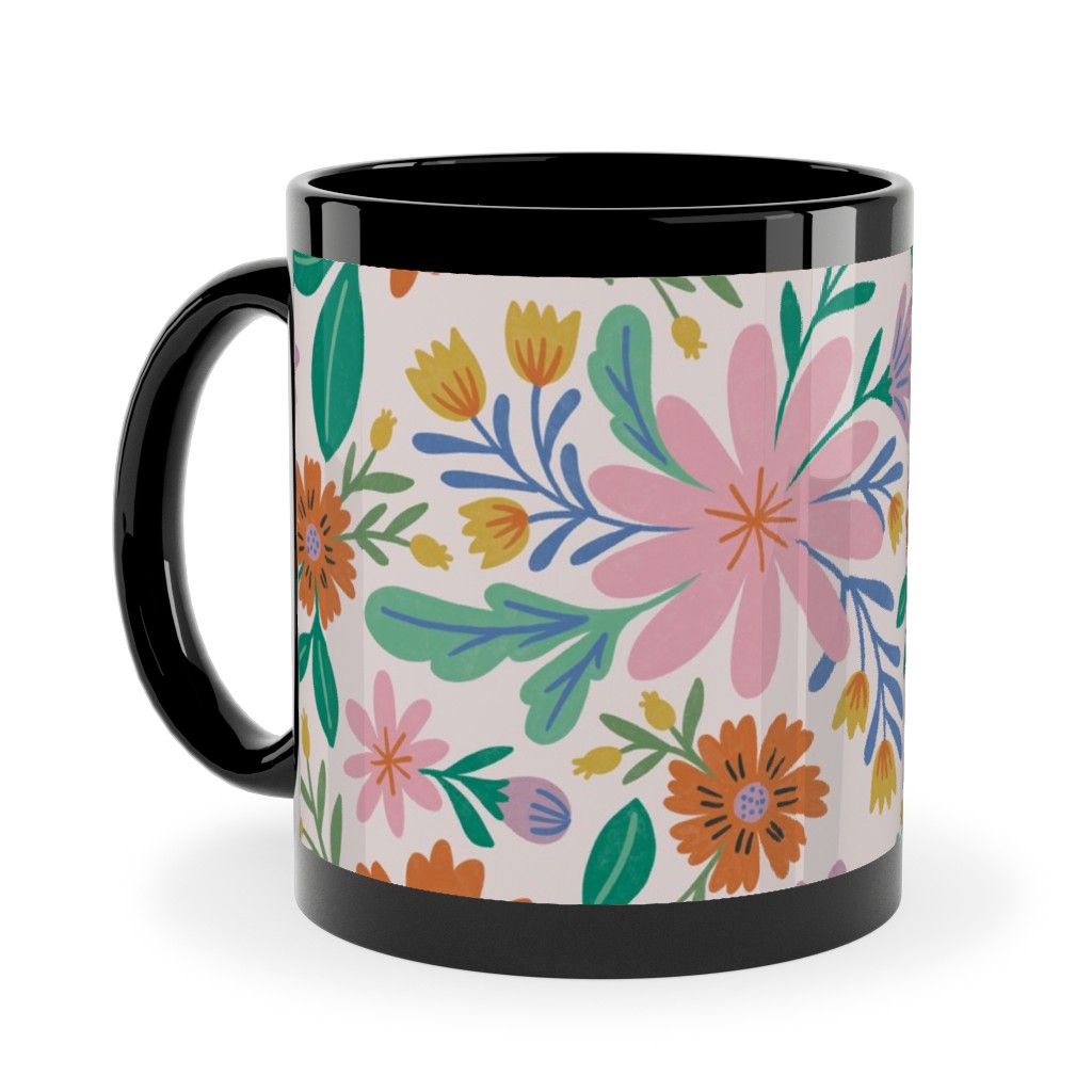 Happy Flowers - Pink Multi Ceramic Mug, Black, , 11oz, Pink, Bright Pink