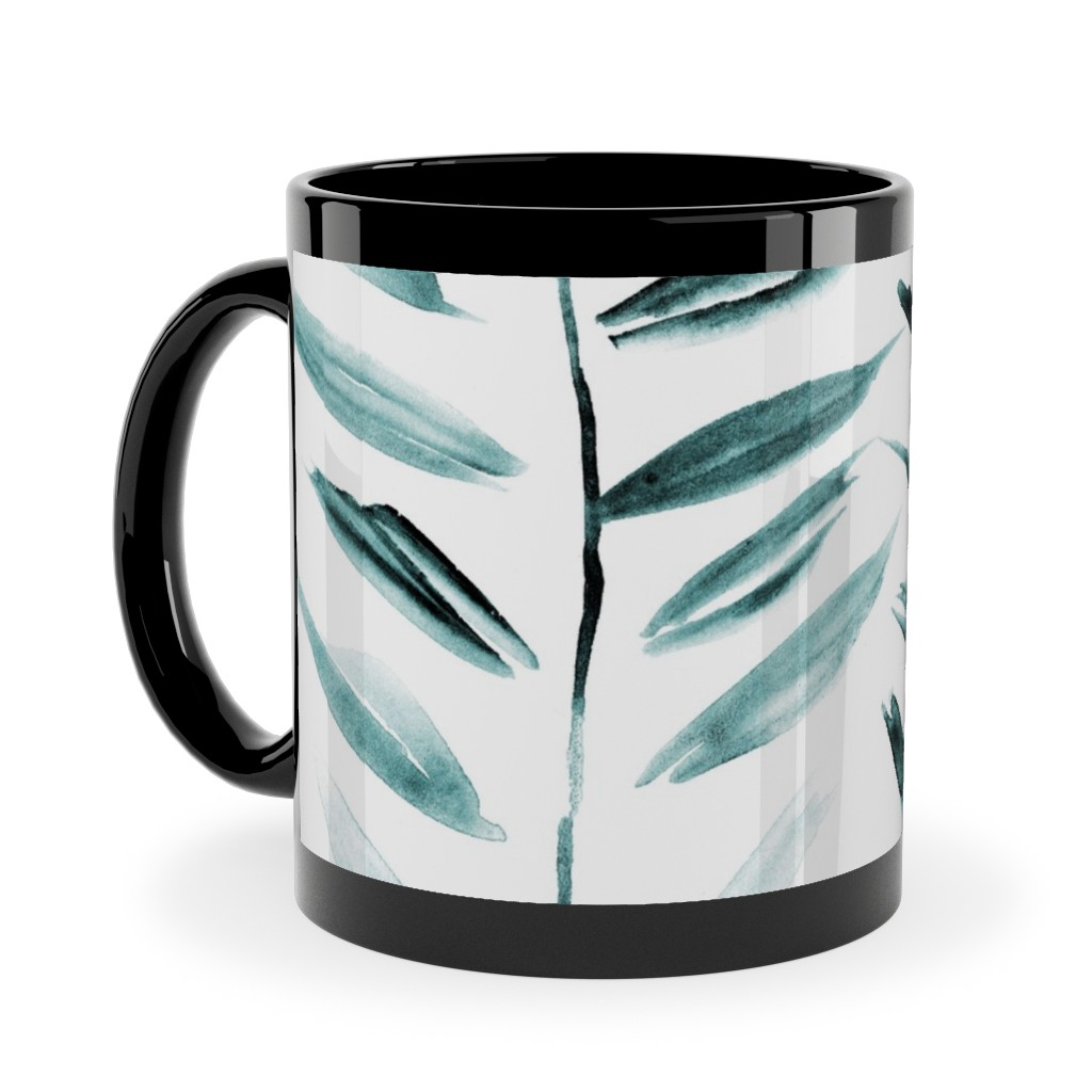 Leaves Herringbone - Watercolor Nature - Emerald Ceramic Mug, Black,  , 11oz, Green