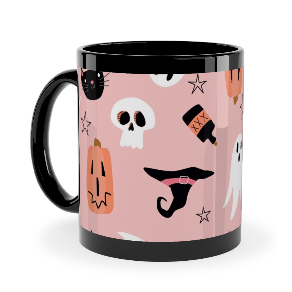 Sweet Halloween Pumpkin, Witch, Ghost, Cat Ceramic Mug, Black, , 11oz, Pink, Bright Pink