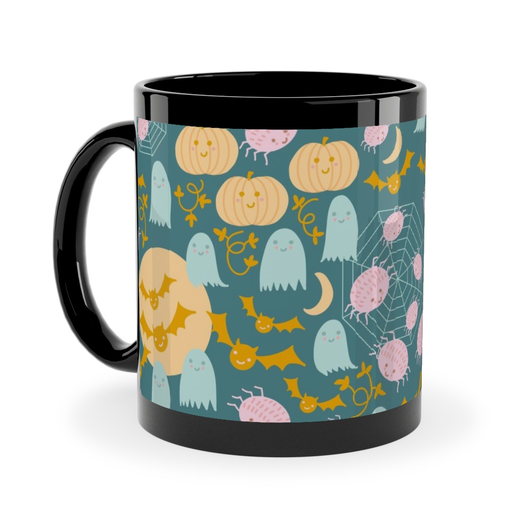 Cute Pastel Halloween Scene in Candy Colors - Pumpkin Ghost Spider Web Bat - Multi Ceramic Mug, Black,  , 11oz, Multicolor