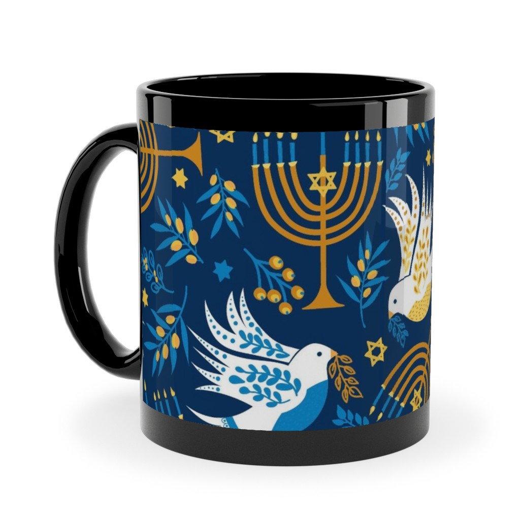 Hanukkah Birds and Menorahs - Dark Blue Ceramic Mug, Black, , 11oz, Blue, True Blue