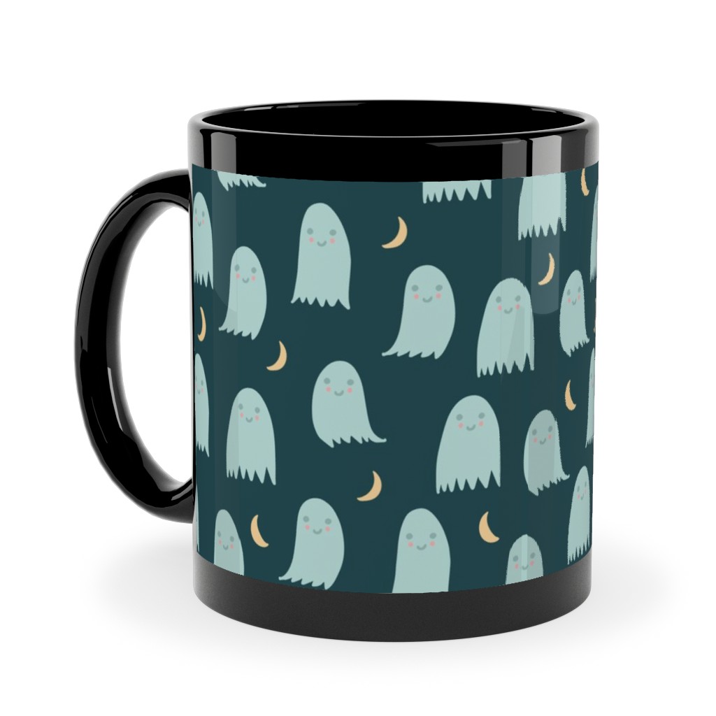 Cute Halloween Ghosts Ceramic Mug, Black, , 11oz, Green, Seaweed