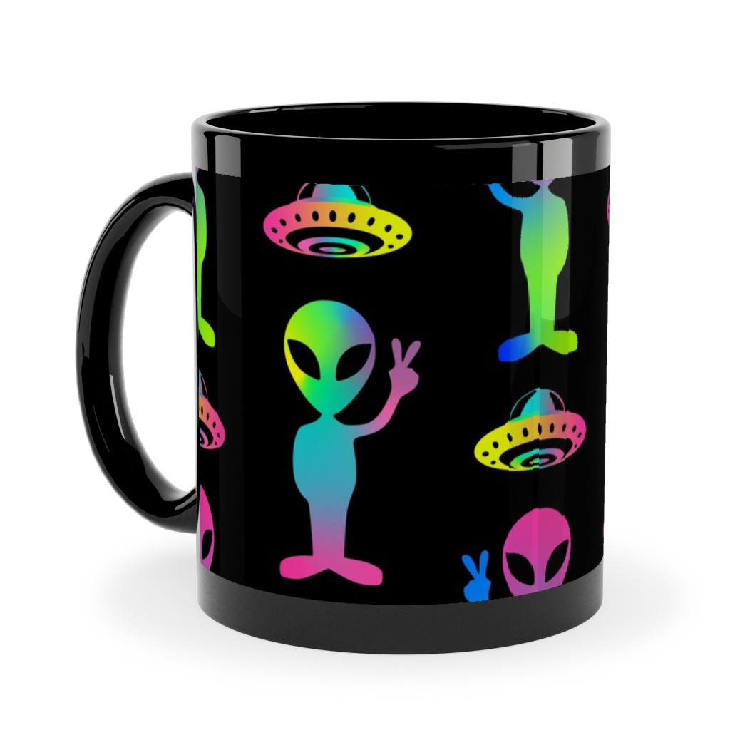 90's Rainbow Aliens and Ufos - Multi on Black Ceramic Mug, Black,  , 11oz, Black