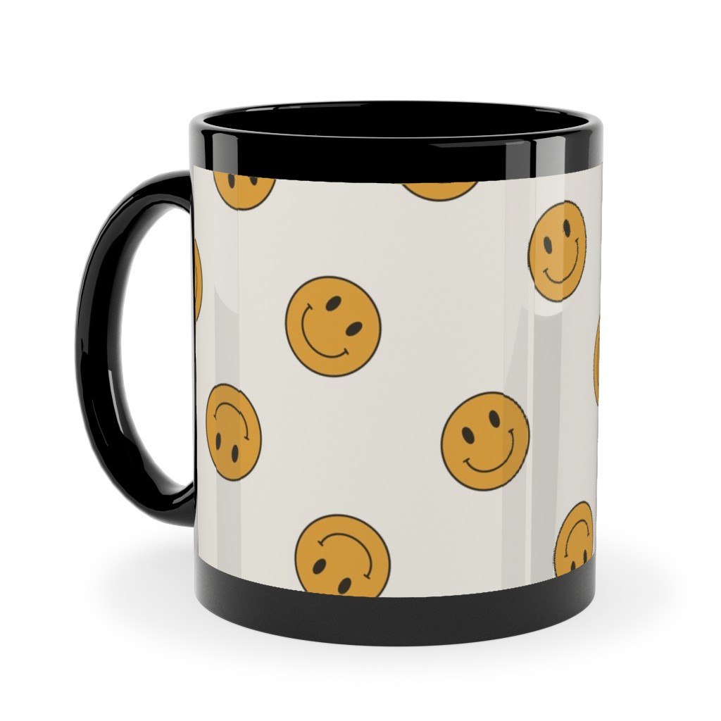 Retro Smiley Face - Cream and Yellow Ceramic Mug, Black,  , 11oz, Yellow