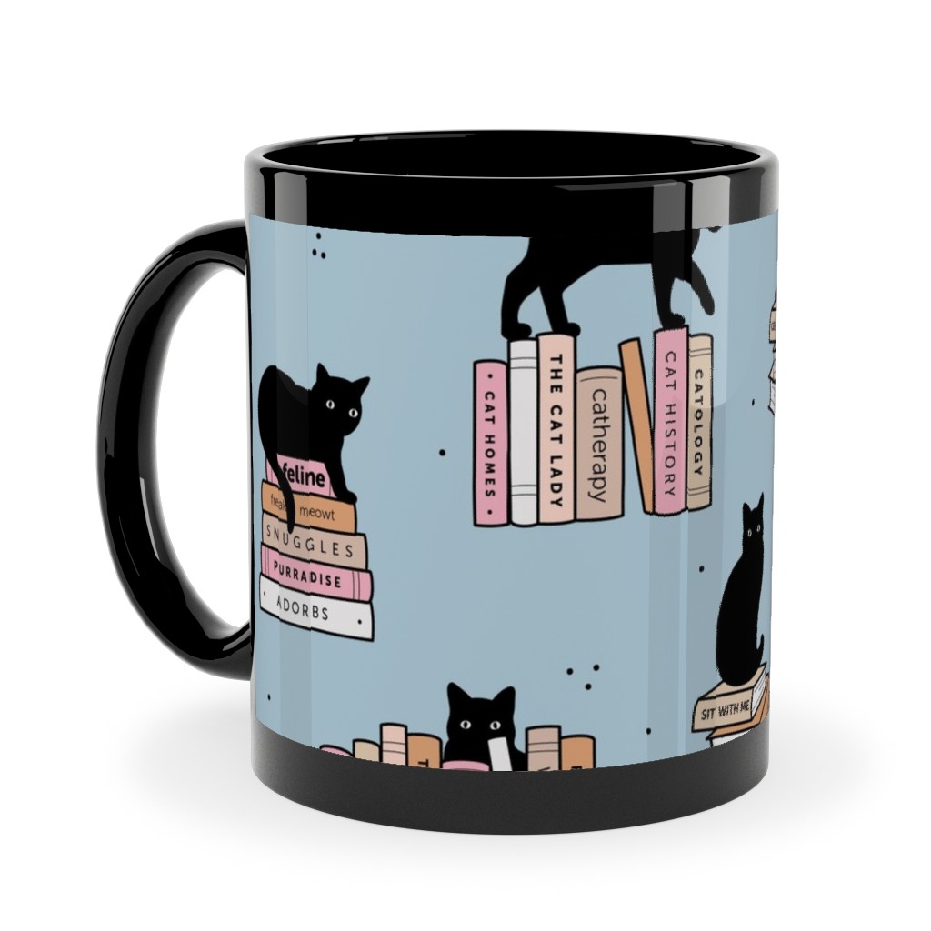 Cats and Books Ceramic Mug, Black, , 11oz, Blue, Coast
