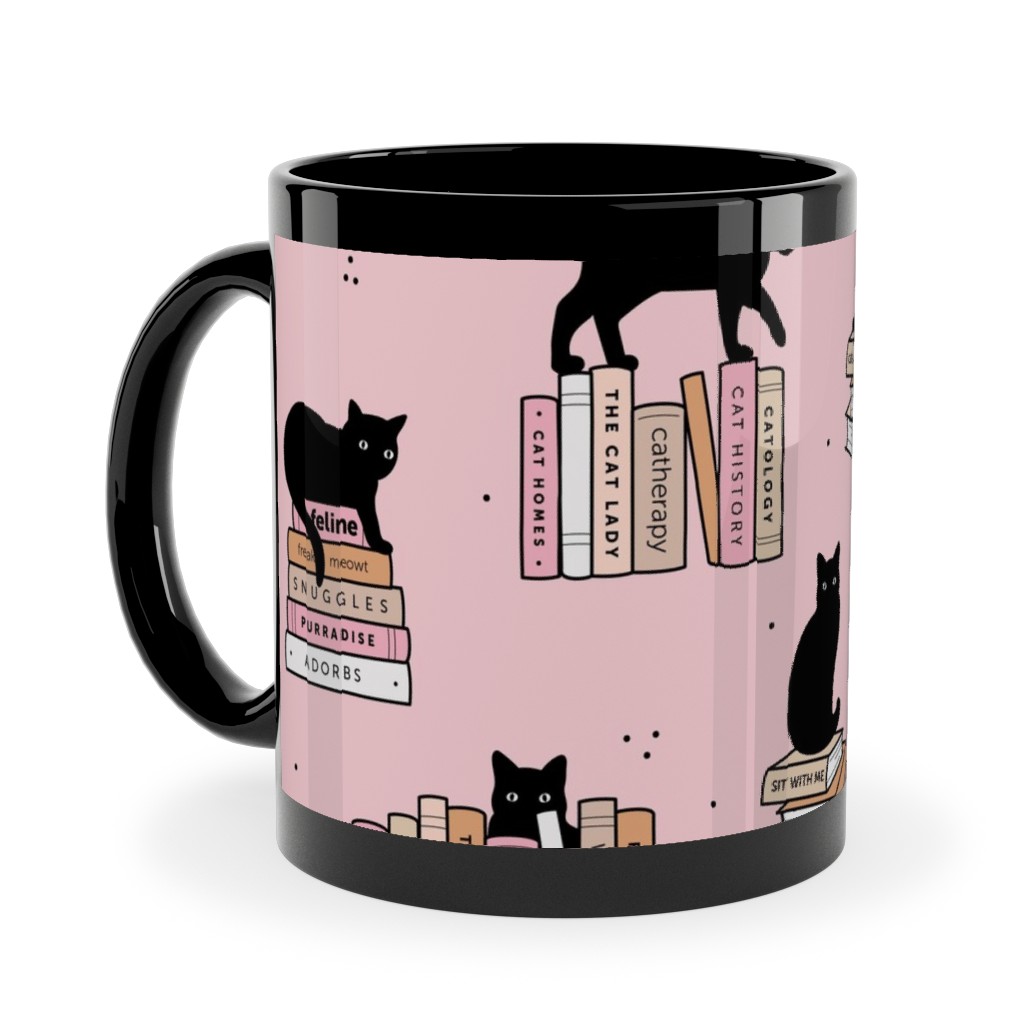 Cats and Books Ceramic Mug, Black, , 11oz, Pink, Delicate Rose