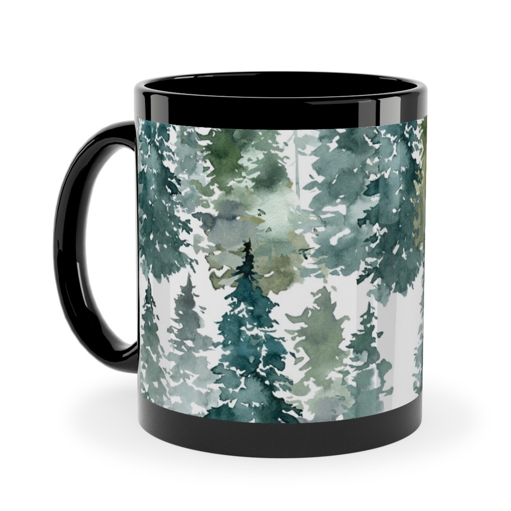 Woodland Trees Watercolor - White Ceramic Mug, Black, , 11oz, Green, Classic Green