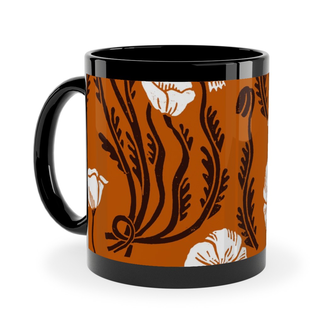 Poppy, Fall Harvest Block Printed Vintage Florals Ceramic Mug, Black, , 11oz, Orange, Orange