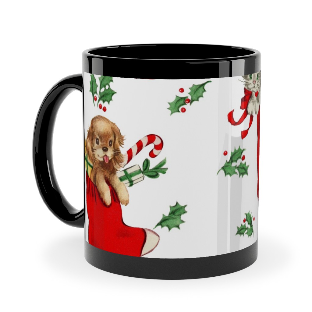 Vintage Christmas Kittens and Puppies Ceramic Mug, Black,  , 11oz, Multicolor