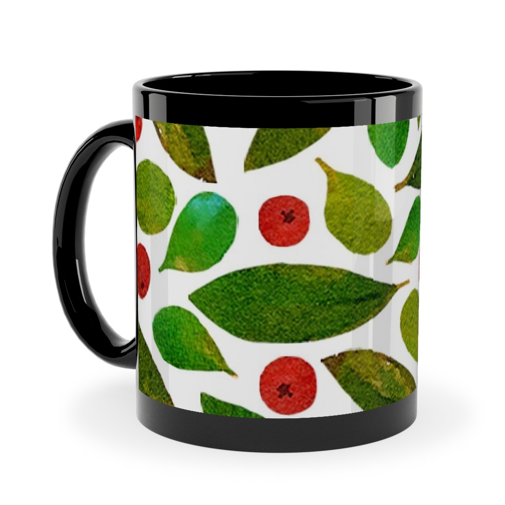 Holiday Greens and Berries Ceramic Mug, Black, , 11oz, Green, Classic Green