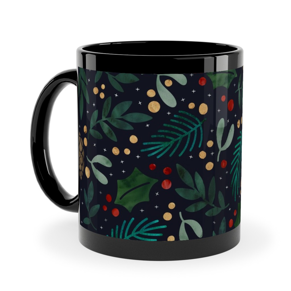 Christmas Florals - Dark Green Ceramic Mug, Black,  , 11oz, Green