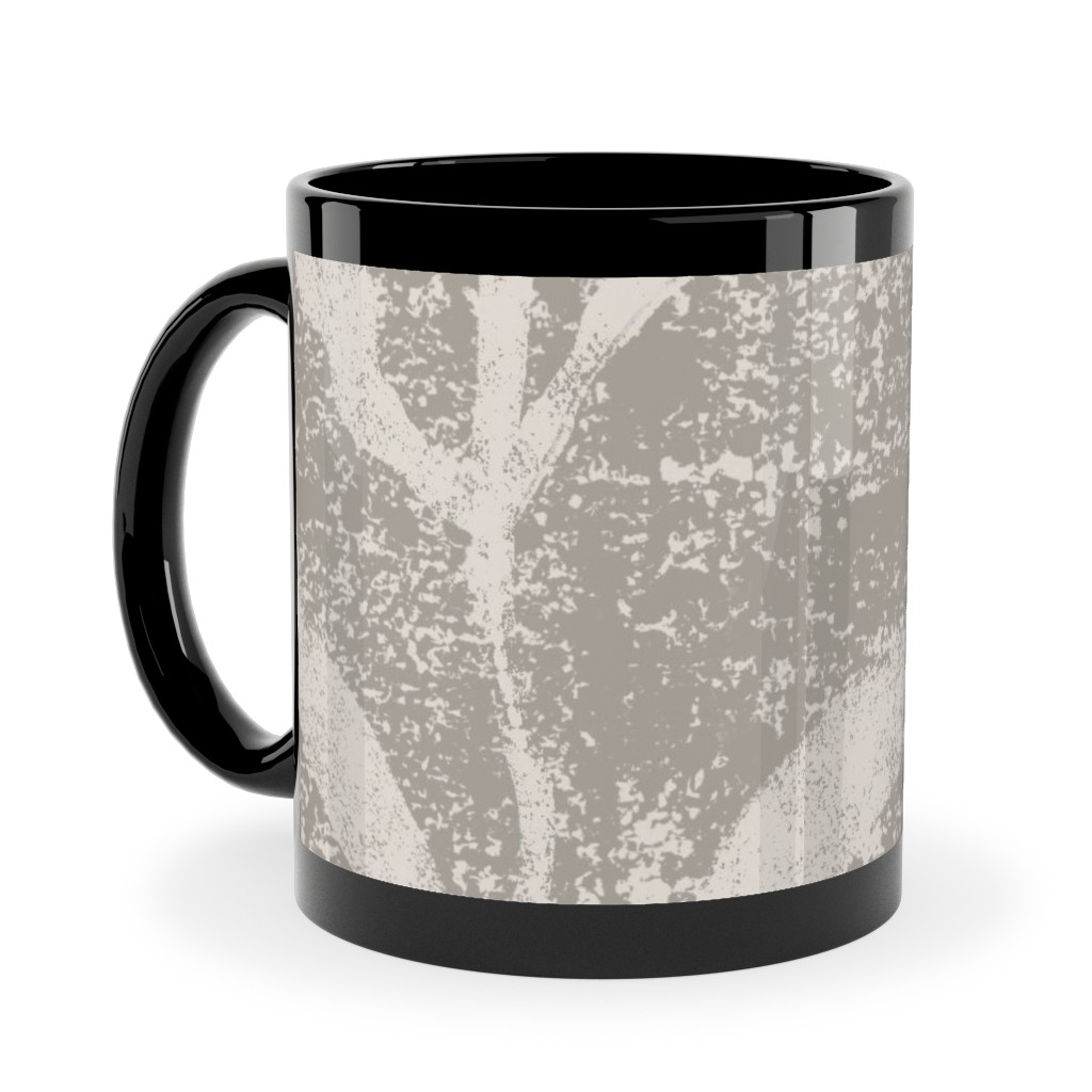 Grass Cloth With Leaves - Gray and Cream Ceramic Mug, Black, , 11oz, Beige, Pearl