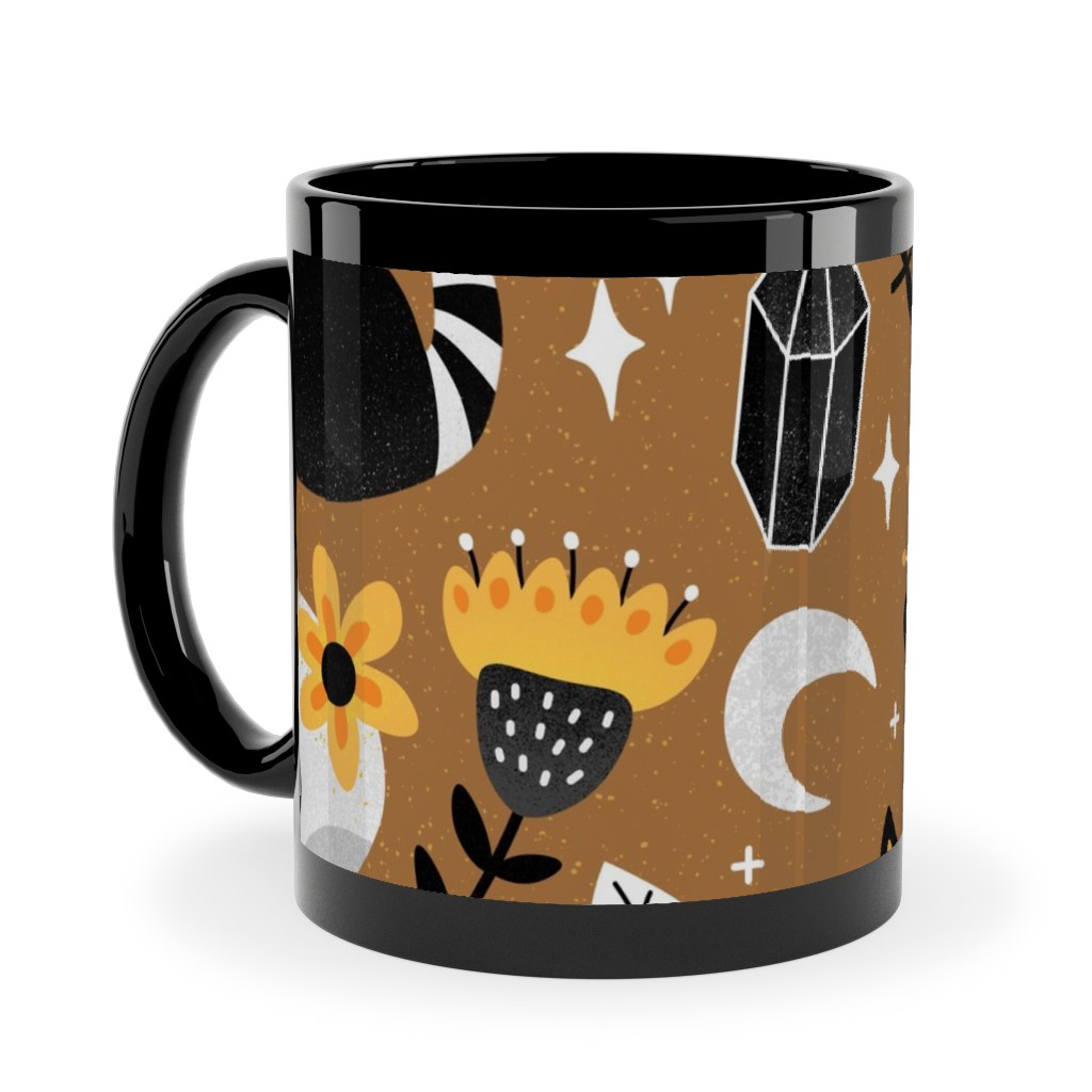 Black Cat & Floral Skull Ceramic Mug, Black,  , 11oz, Brown