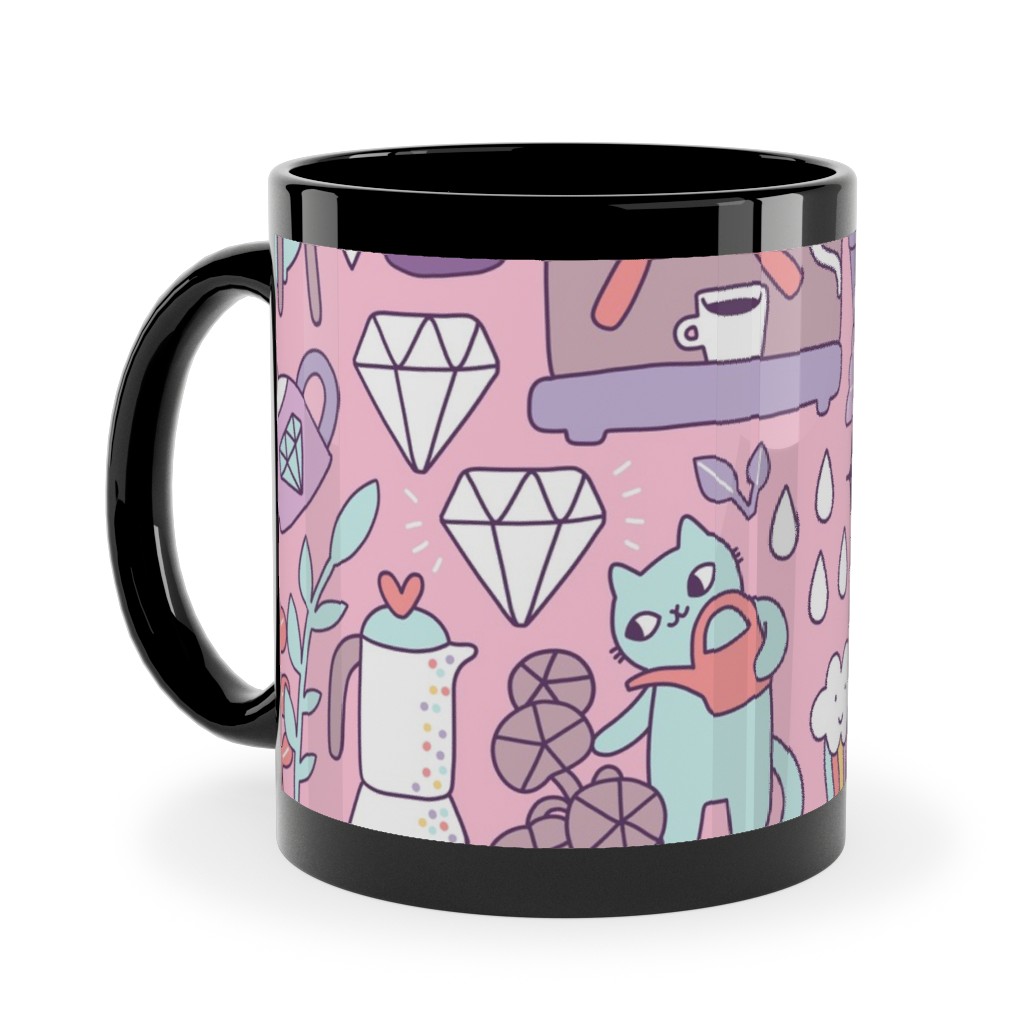 Cute Cats - Multicolor Pastel Ceramic Mug, Black, , 11oz, Pink, Bright Pink