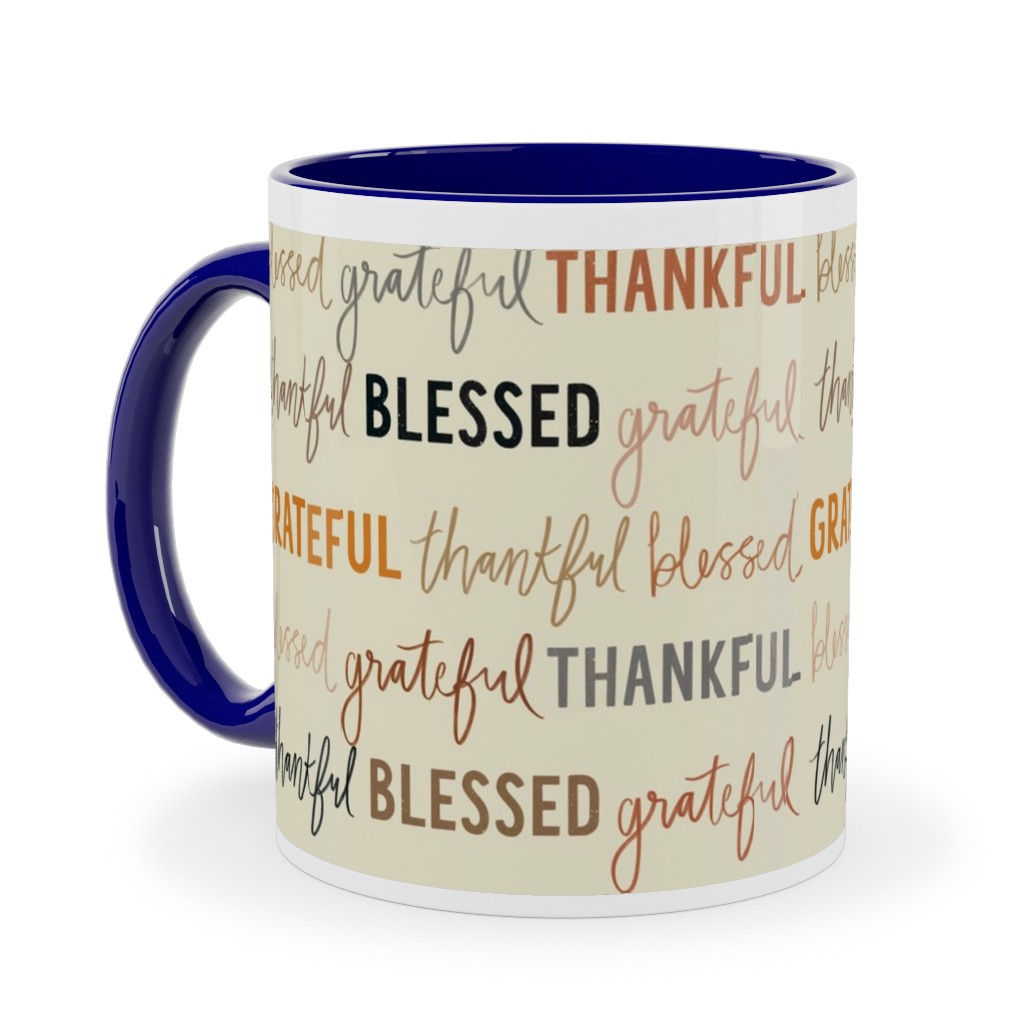 Grateful Thankful Blessed - Terracotta Ceramic Mug, Blue, , 11oz, Beige, Pearl