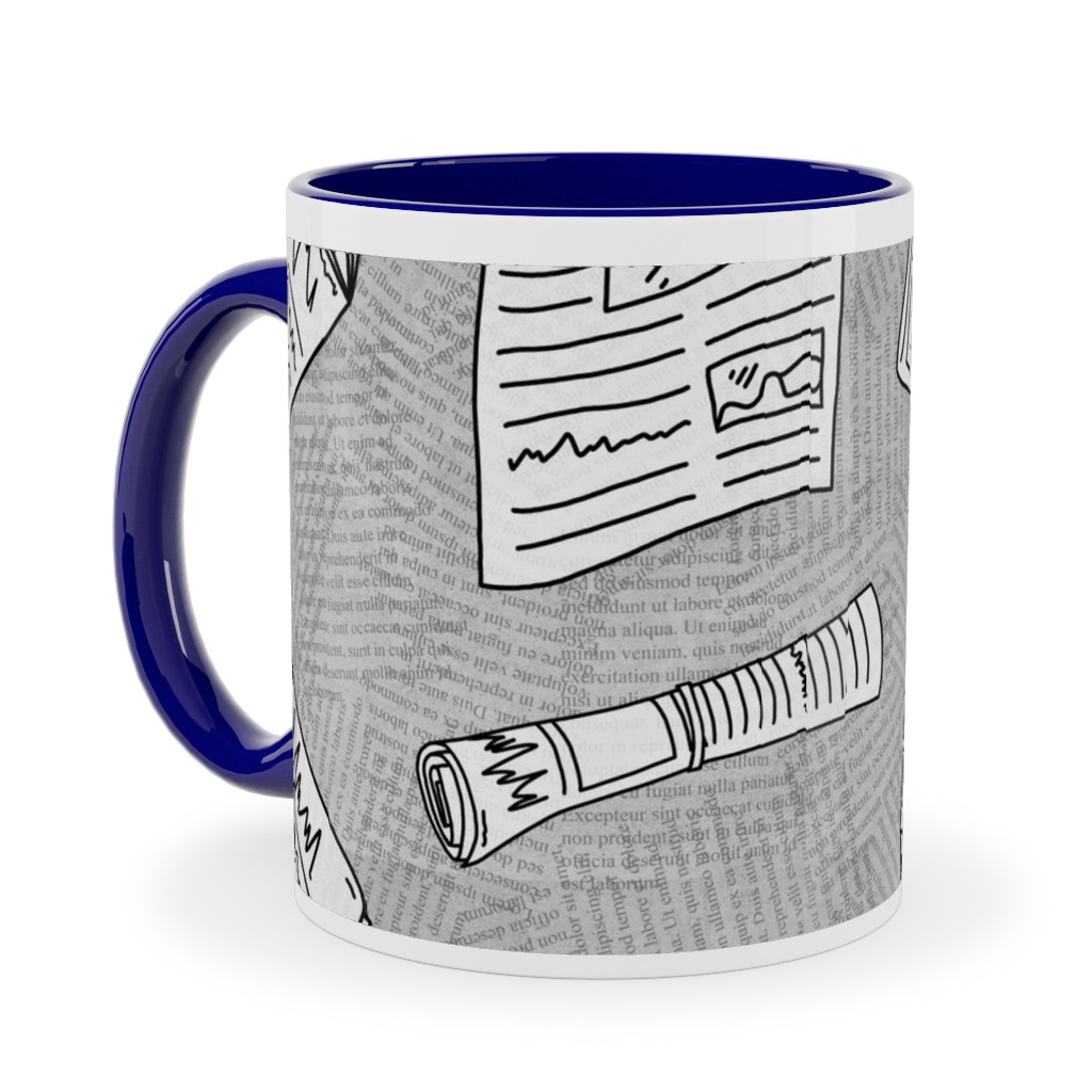 Newsprint Ceramic Mug, Blue, , 11oz, Gray, Silver