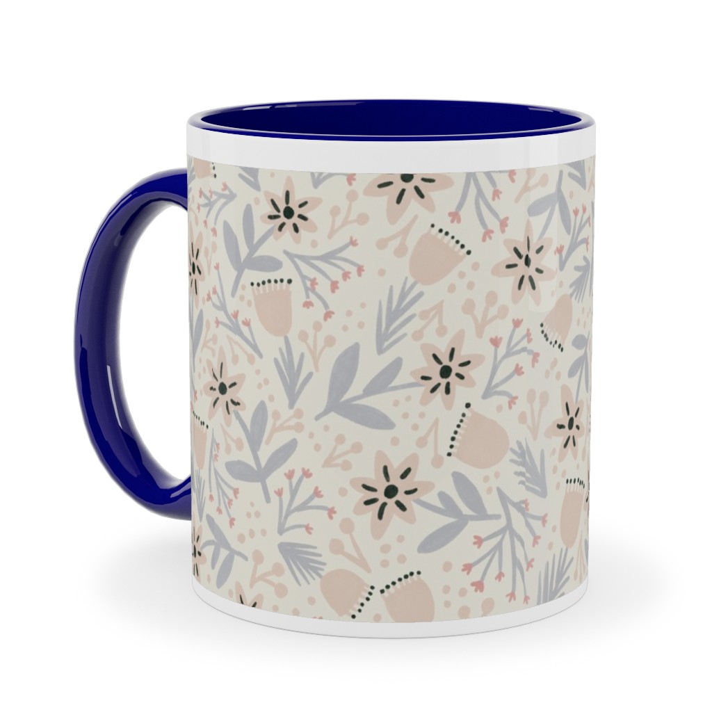 Vintage Flowers - Pastel Pink Ceramic Mug, Blue,  , 11oz, Beige