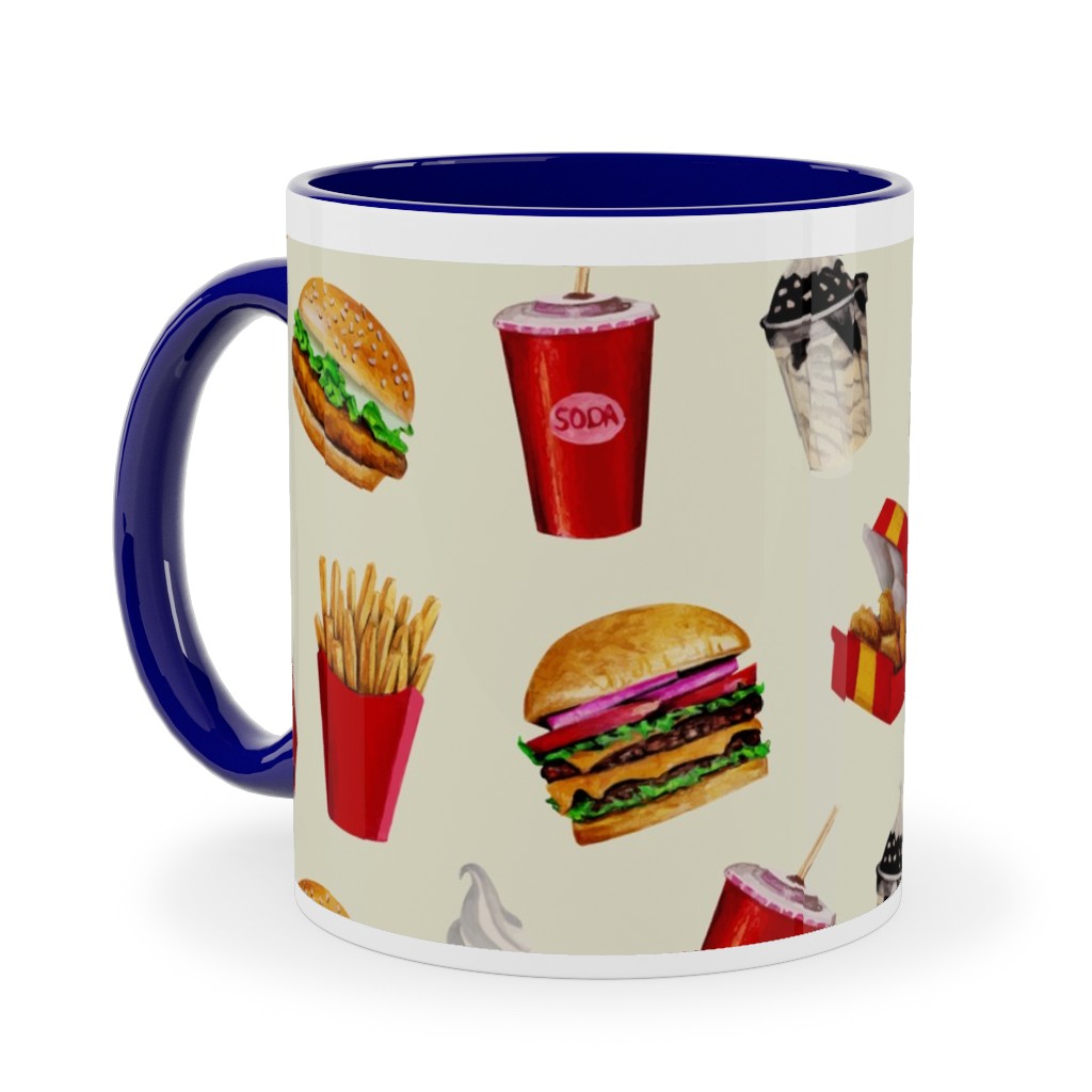 Fast Food Burgers Fries and Sundaes - Multicolor Ceramic Mug, Blue, , 11oz, Multicolor