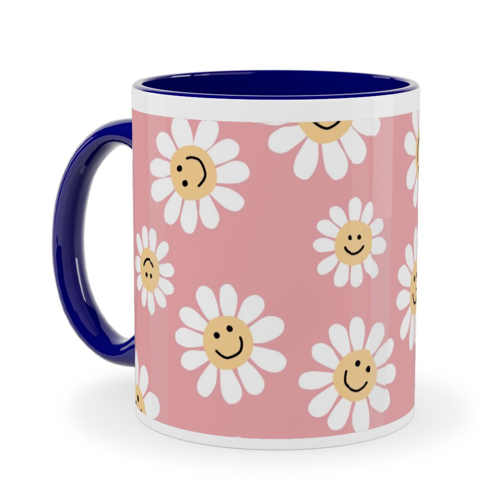 Smiley Daisy Flowers - Pink Ceramic Mug, Blue, , 11oz, Pink, Bright Pink