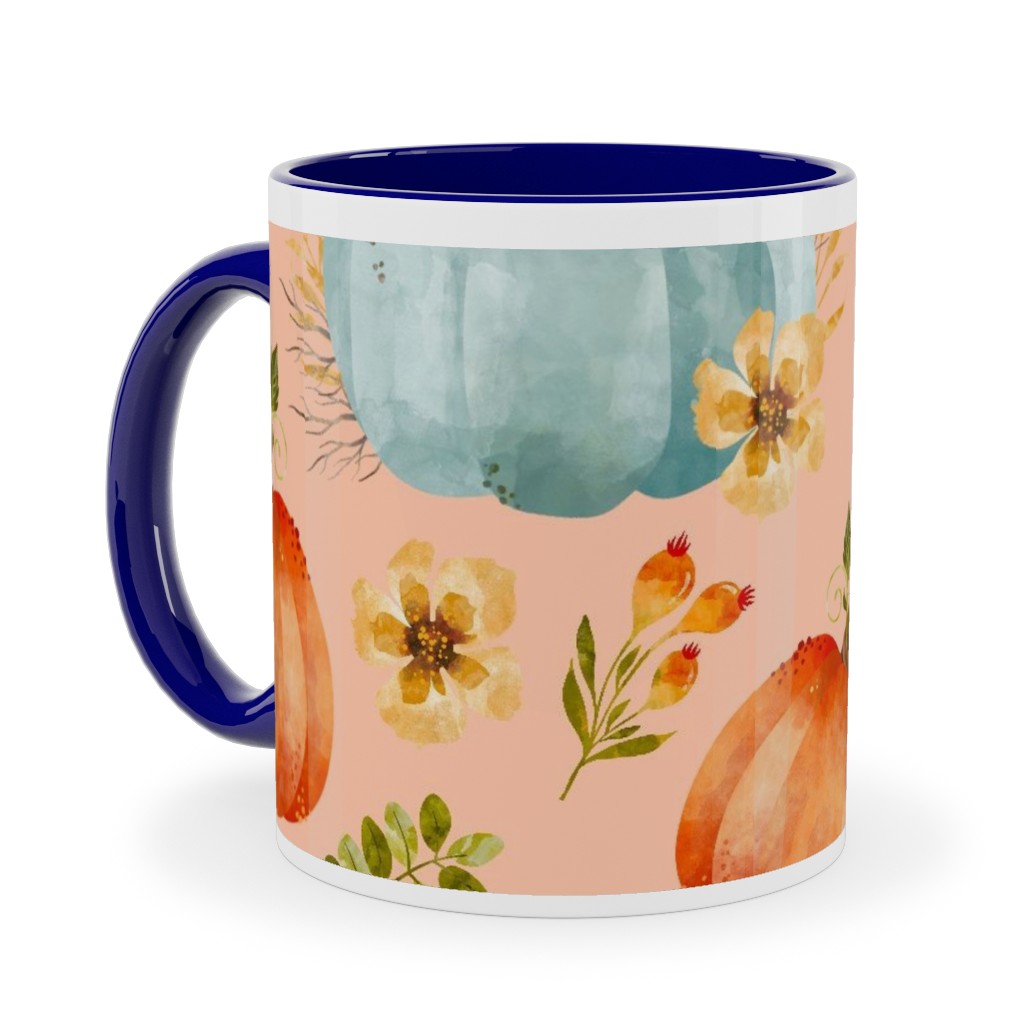 Rustic Farmhouse Pumpkins on Pale Peach Ceramic Mug, Blue,  , 11oz, Orange