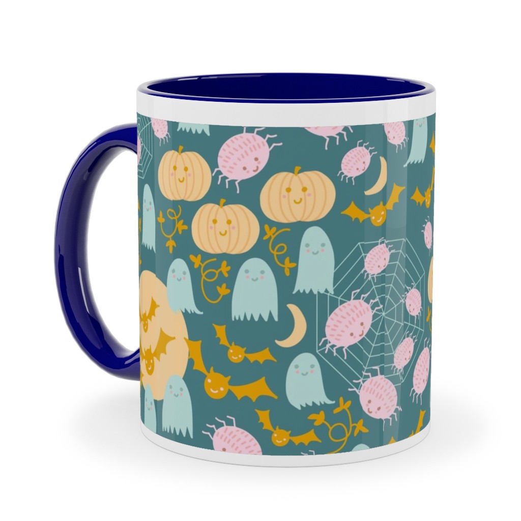 Cute Pastel Halloween Scene in Candy Colors - Pumpkin Ghost Spider Web Bat - Multi Ceramic Mug, Blue, , 11oz, Multicolor