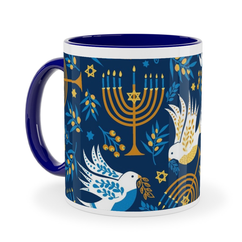 Hanukkah Birds and Menorahs - Dark Blue Ceramic Mug, Blue, , 11oz, Blue, True Blue