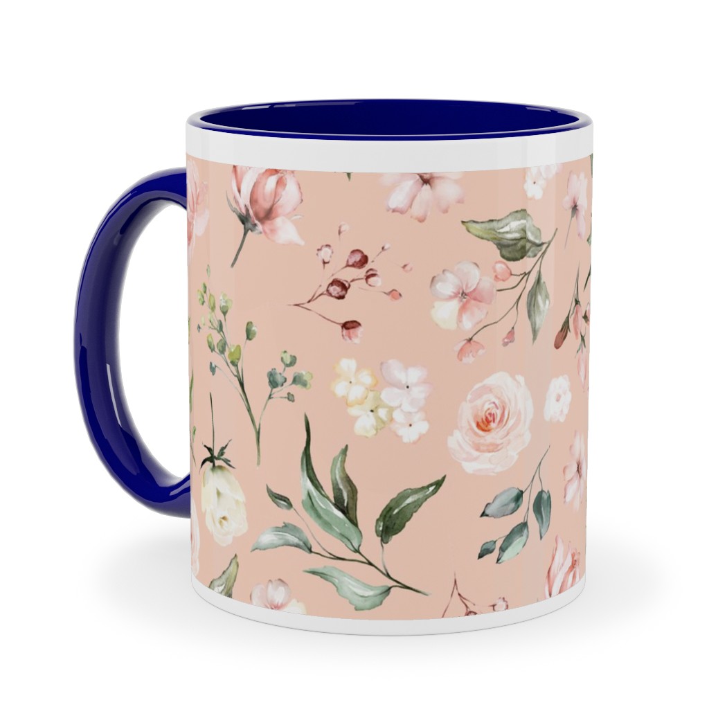 Celestial Rose Floral - Blush Ceramic Mug, Blue, , 11oz, Pink, Bright Pink