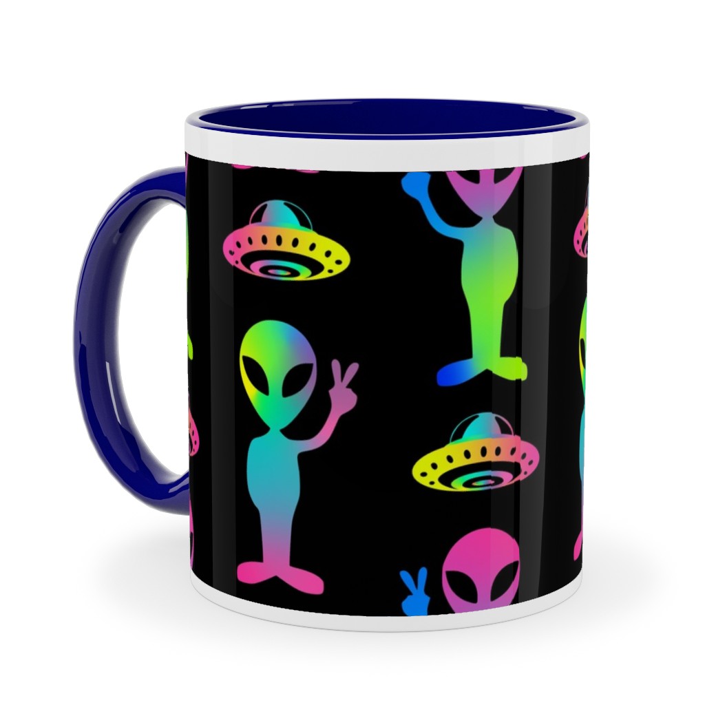 90's Rainbow Aliens and Ufos - Multi on Black Ceramic Mug, Blue,  , 11oz, Black