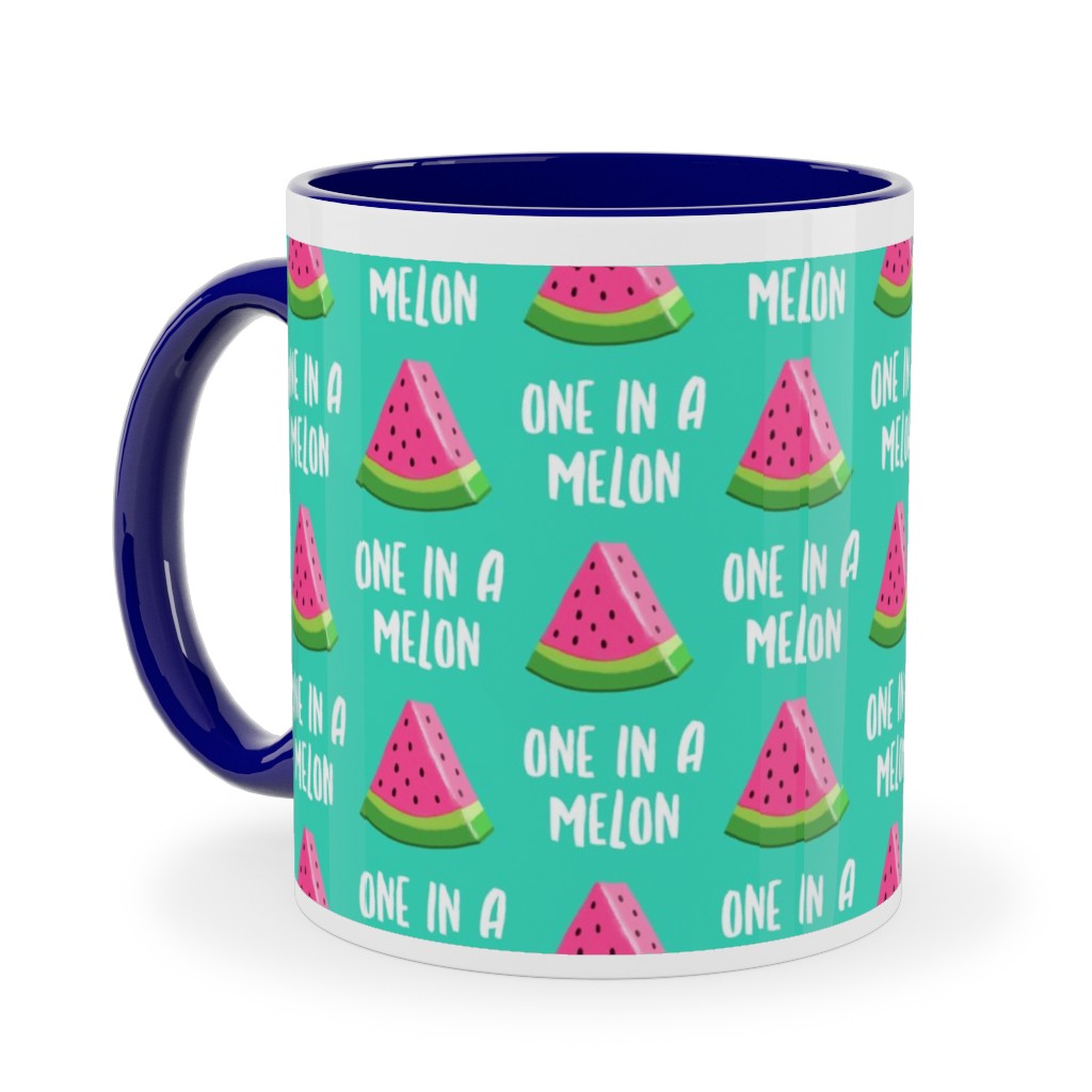 One in a Melon - Watermelon - Pink on Teal Ceramic Mug, Blue,  , 11oz, Green
