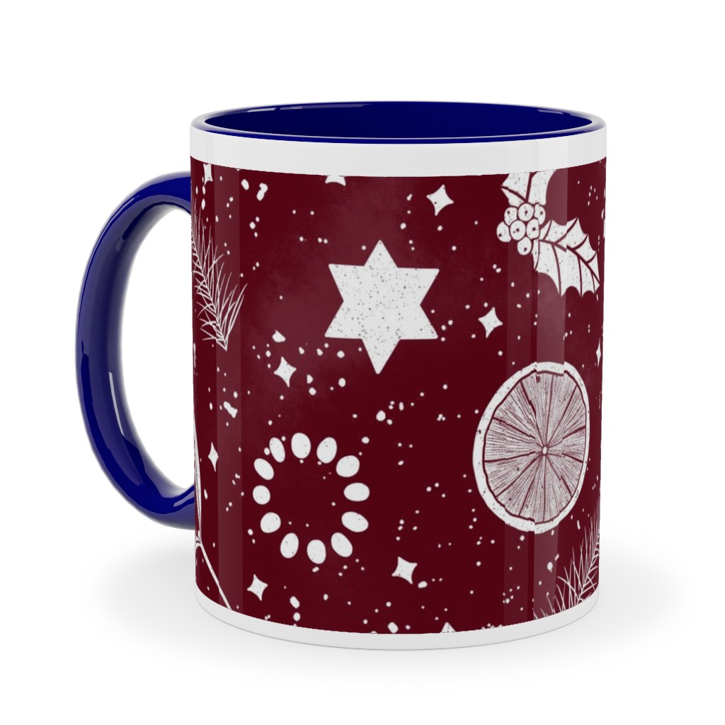 Festive Christmas Print Stars, Mistletoe, Orange, Holly and Pine Branch on Burgundy Ceramic Mug, Blue,  , 11oz, Red