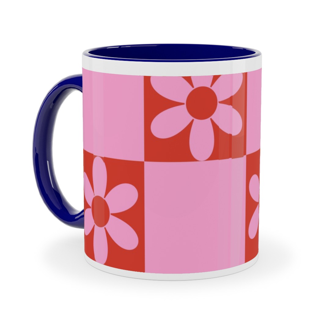Daisy Checkerboard Ceramic Mug, Blue,  , 11oz, Pink