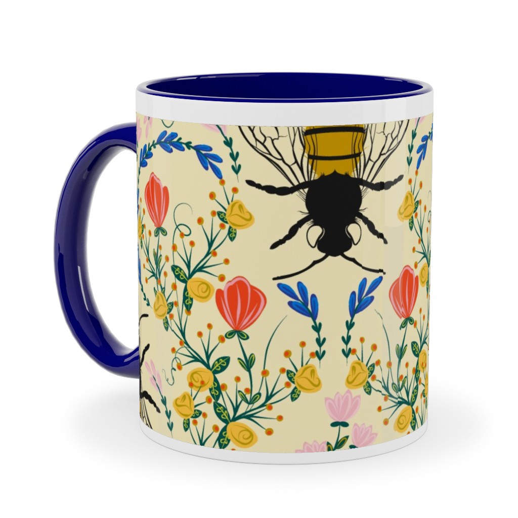 Bee Garden - Multi on Cream Ceramic Mug, Blue,  , 11oz, Yellow