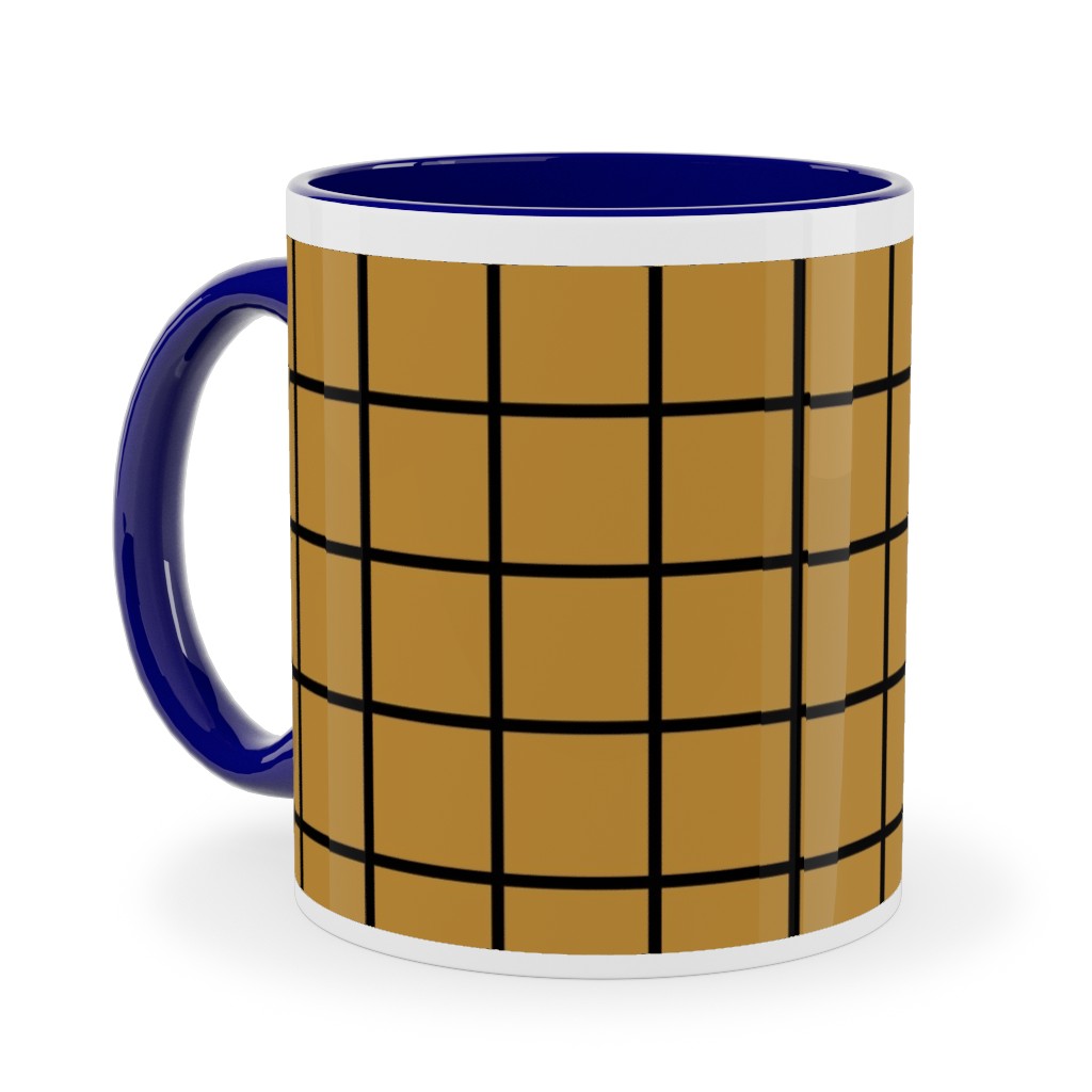 Square Grid Ceramic Mug, Blue, , 11oz, Brown, Golden
