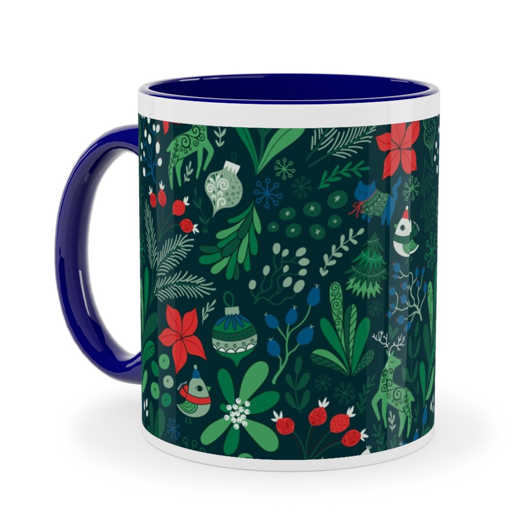 Merry Christmas Floral - Dark Ceramic Mug, Blue, , 11oz, Green, Classic Green